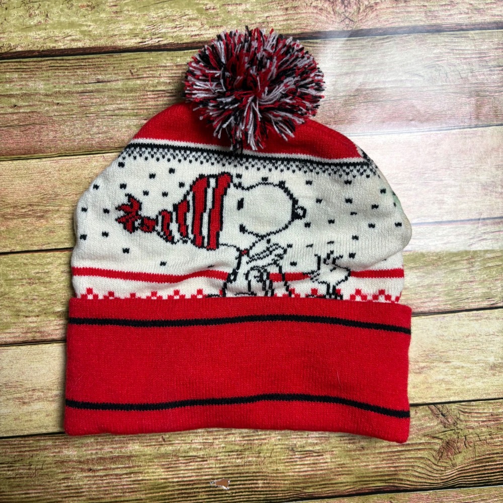 Peanuts Snoopy & Woodstock Winter Beanie Hat • Red Knit Pom Pom Cap • OSFM